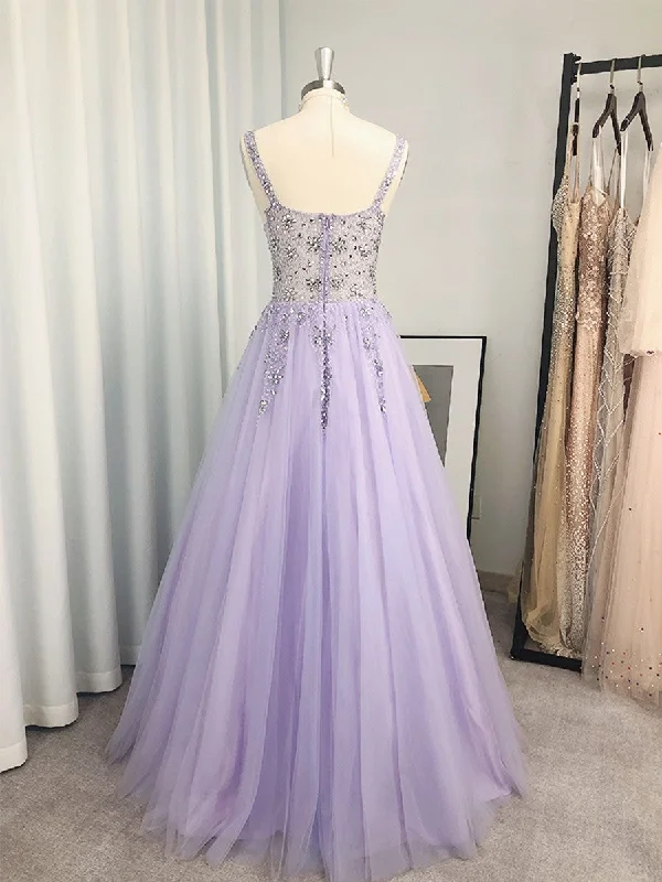 A-line V-neck Beading Floor-Length Tulle Dress Tulle Dress Sparkly