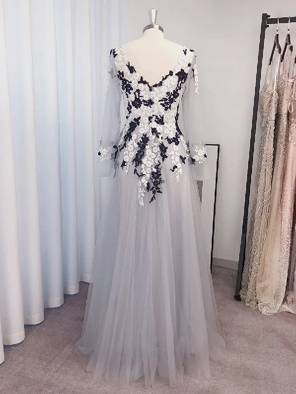 A-line V-neck Long Sleeves Appliques Lace Floor-Length Tulle Dress Tulle Dress Sleek