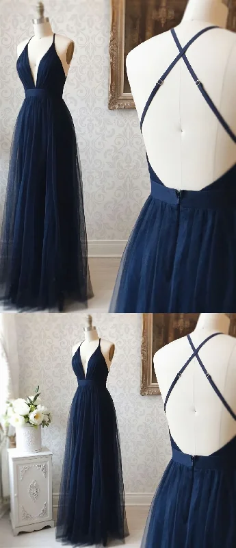 A Line V Neck Navy Blue Backless Prom Dresses, Dark Navy Blue Backless Tulle Evening Formal Dresses Tulle Wedding Dress