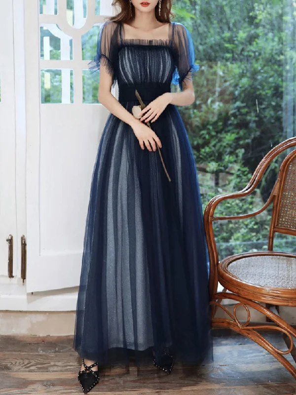 Amazing Evening Dress A-Line Square Neck Floor-Length Short Sleeves Zipper Pleated Tulle Formal Dinner Dresses Pageant Dress Boho Tulle Dress