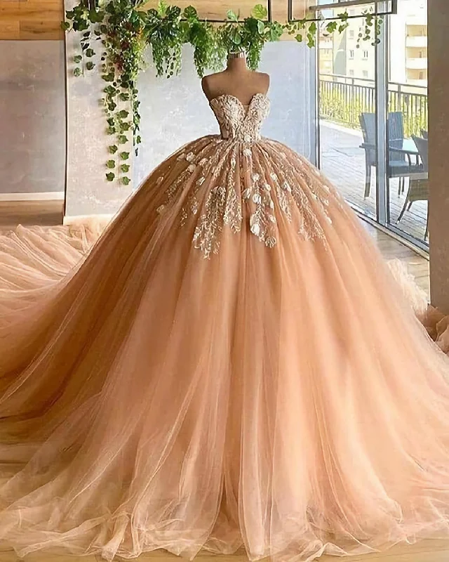 Applique Tulle Pleated Sweetheart Champagne Ball Gown Evening Dress Tulle Lace Dress