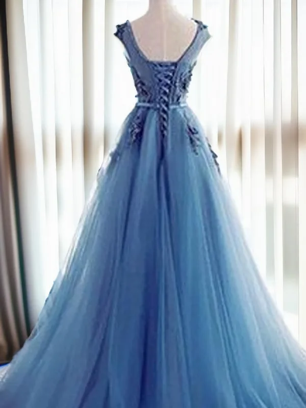 Ball-Gown Jewel Appliques Lace Sweep Train Tulle Dress Tulle Dress Glow