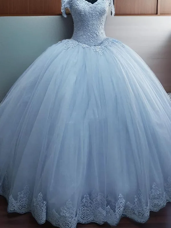 Ball-Gown Off-the-Shoulder Appliques Lace Floor-Length Tulle Dress Pleated Tulle Dress