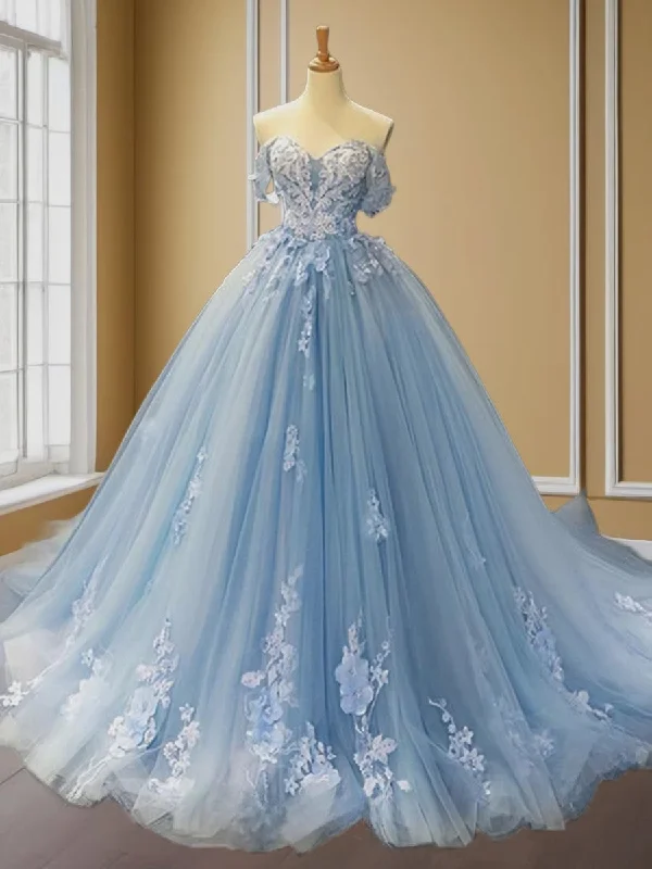 Ball-Gown Off-the-Shoulder Appliques Lace Sweep Train Tulle Dress Casual Tulle Gown