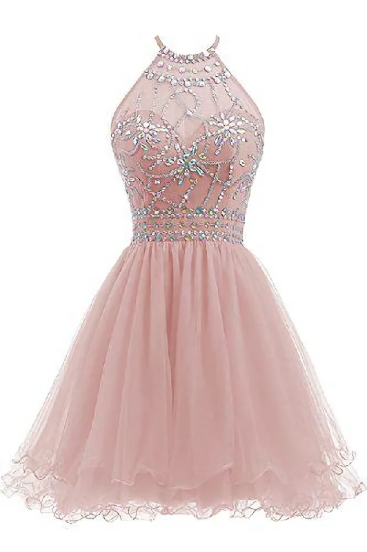 Beaded Halter Homecoming Dress, Short Tulle Dress Pretty Tulle Dress