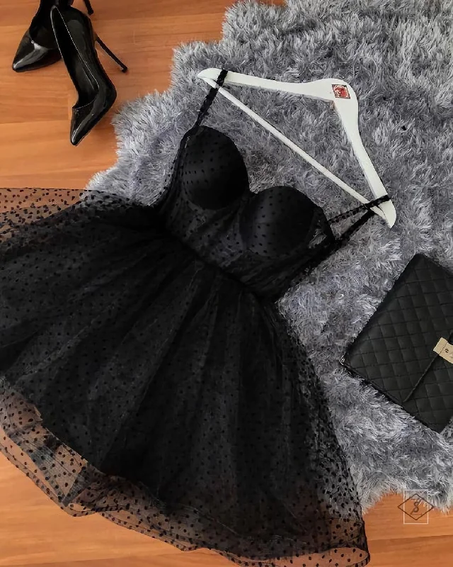 Black Polka Dot Tulle Strapless Corset Short Dress, Homecoming Dress Blue Tulle Dress