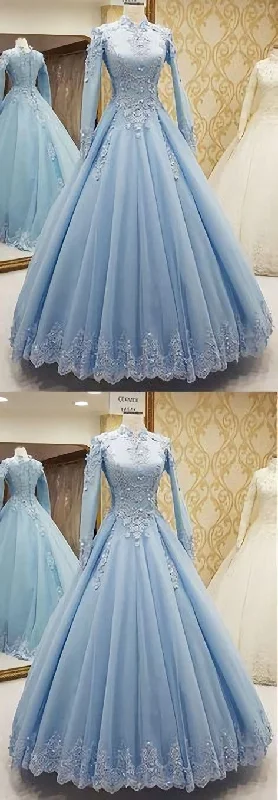 Blue Tulle High Neck Customize Formal Evening Dress, With Long Sleeves Soft Tulle Dress