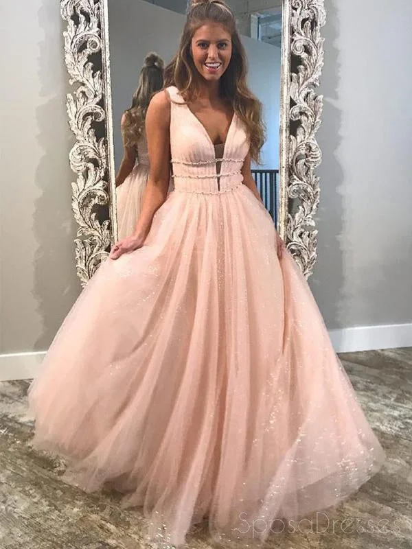 Blush Pink V Neck Straps A-line Sparkly Tulle Long Evening Prom Dresses, 17562 Black Tulle Dress