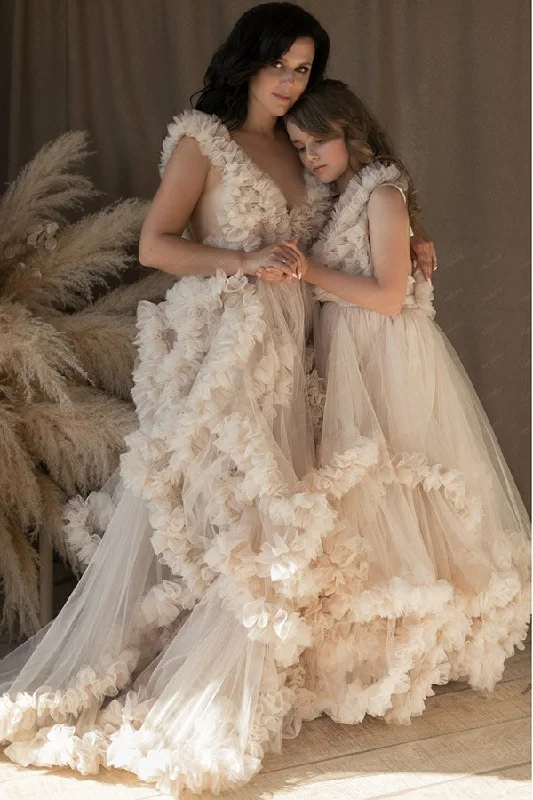 Custom Champagne Ruffled Maternity Dress Tulle Parent-child Dress Sweet Tulle Dress