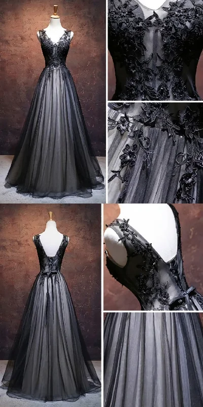 Chic A Line V Neck Floor Length Tulle Black Applique Long Prom Dress, Evening Dress Tulle Party Gown