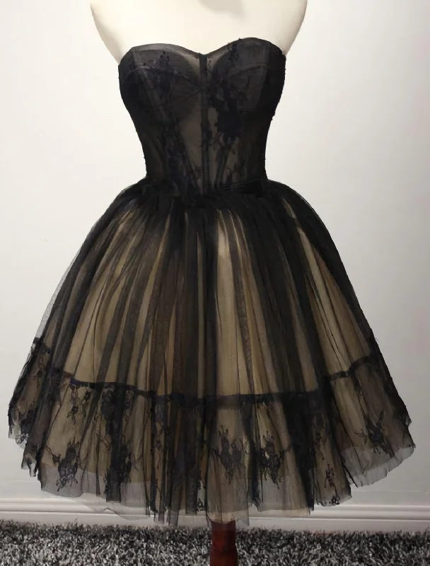 Cute Tulle Short Black Ball Gown Sweetheart Dresses, Homecoming Gown White Lace Tulle