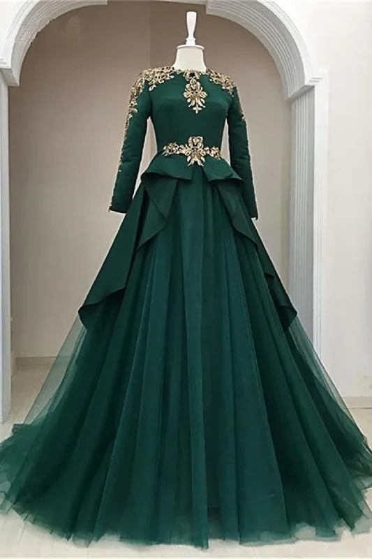 Dark Green Satin Tulle O Neck Long Sleeve Arabic Formal Prom Dress, With Applique Tulle Dress Chic