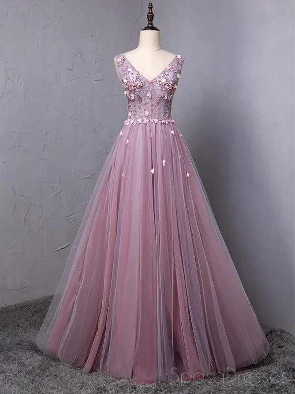 Dusty Purple V Neck A-line Tulle Long Evening Prom Dresses, 17615 Casual Tulle Dress