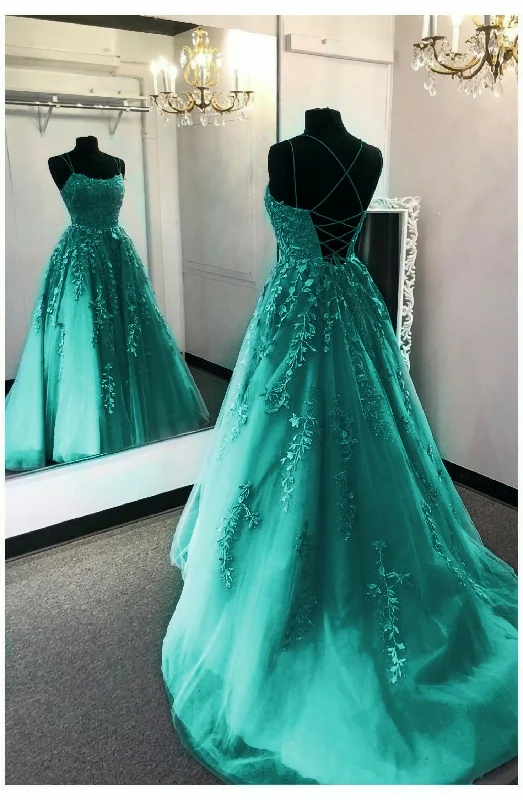 Elegant Tulle And Lace Prom Dress, With Appliques Tulle Dress Shine