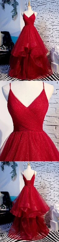 Elegant Tulle Red Straps Prom Dress, A Line Prom Dresses, Long Evening Dress, Burgundy Prom Dress Party Tulle Dress