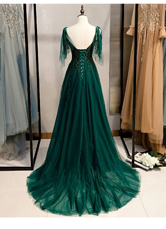 Elegant V Neckline Straps Tulle Long Junior Prom Dress, Green Prom Dress 2024 Chic Tulle Dress