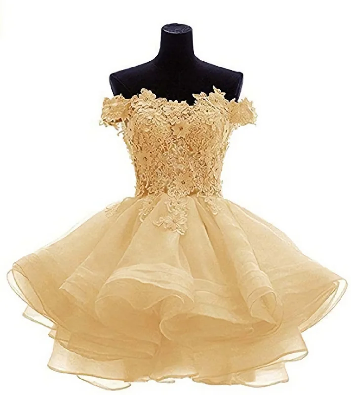 Elegant Yellow Appliques Tulle Dress, Ruffles Off Shoulder Short Homecoming Dress Tulle Dress Color