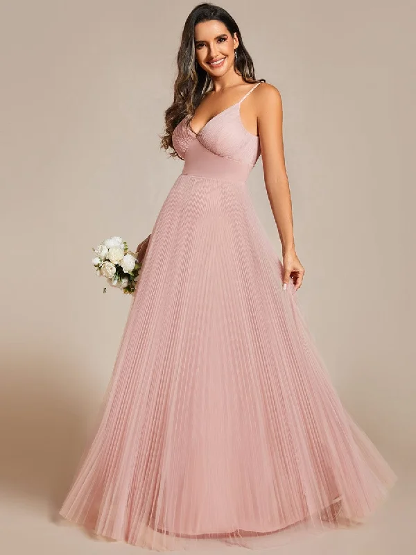 Empire Waist Spaghetti Sratp V-Neck Backless Tulle Bridesmaid Dress Romantic Tulle Dress