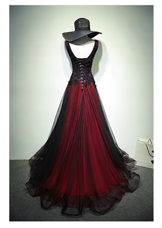 Gorgeous Black And Red V Neckline Tulle Beaded Prom Dress, Long Evening Gown Stylish Tulle Dress