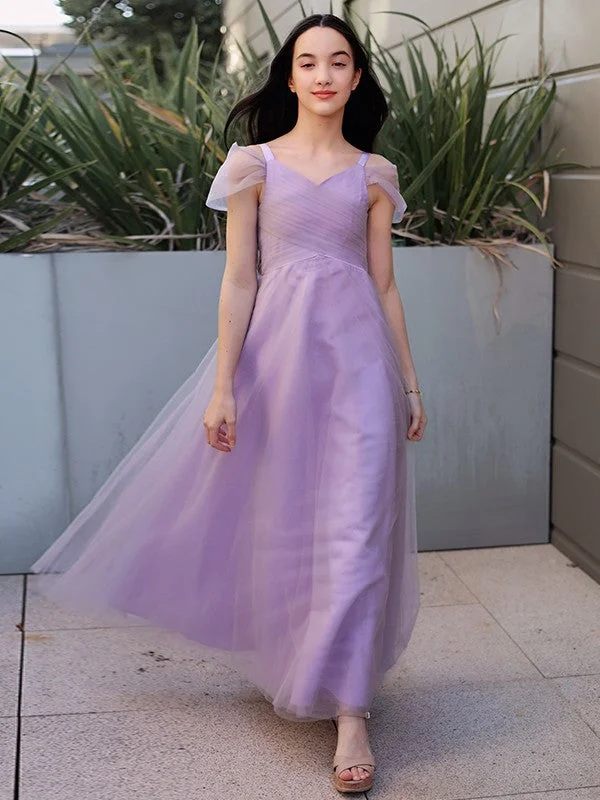 Gorgeous Tulle Ruched V-neck Short Sleeves Junior/Girls Bridesmaid Dresses Elegant Tulle Gown