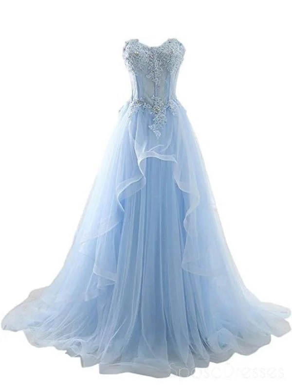 Light Blue Sweetheart See Through Lace Tulle A line Long Evening Prom Dresses, 17524 Tulle Dress Set