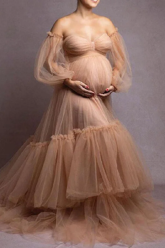 Nude Soft Tulle Strapless Maternity Photoshoot Gown Sequin Tulle Dress