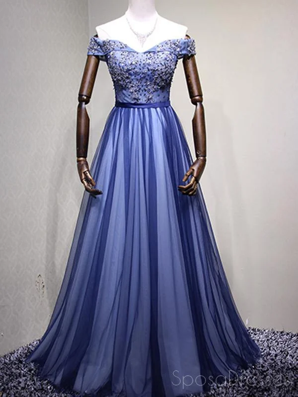 Off Shoulder Blue Tulle Beaded A-line Long Evening Prom Dresses, 17621 Soft Tulle Dress