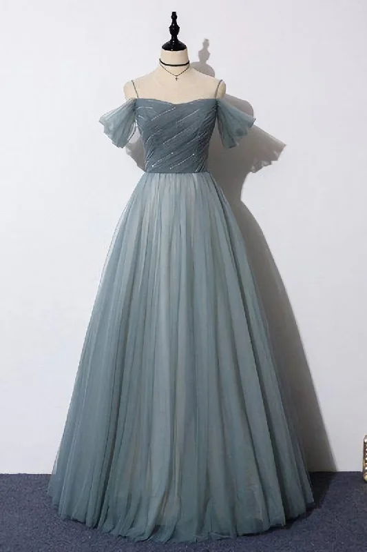 Off The Shoulder Grey Tulle Prom Dress Tulle Lace Gown