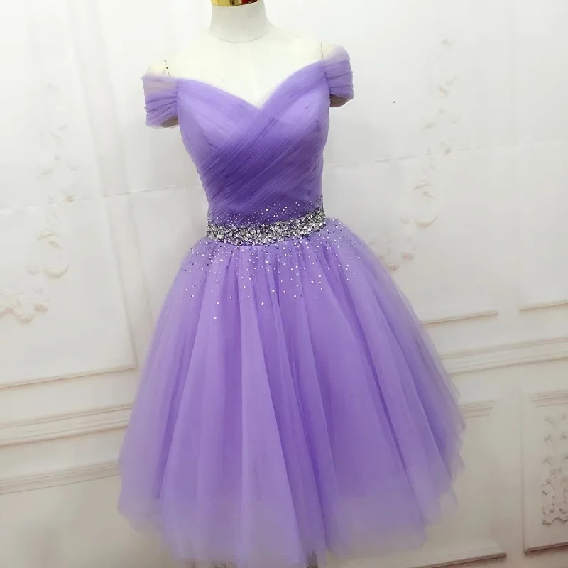 Off The Shoulder V Neck Lilac Rhinestone A Line Tulle Pleated Ruched Homecoming Dresses Boho Chic Tulle