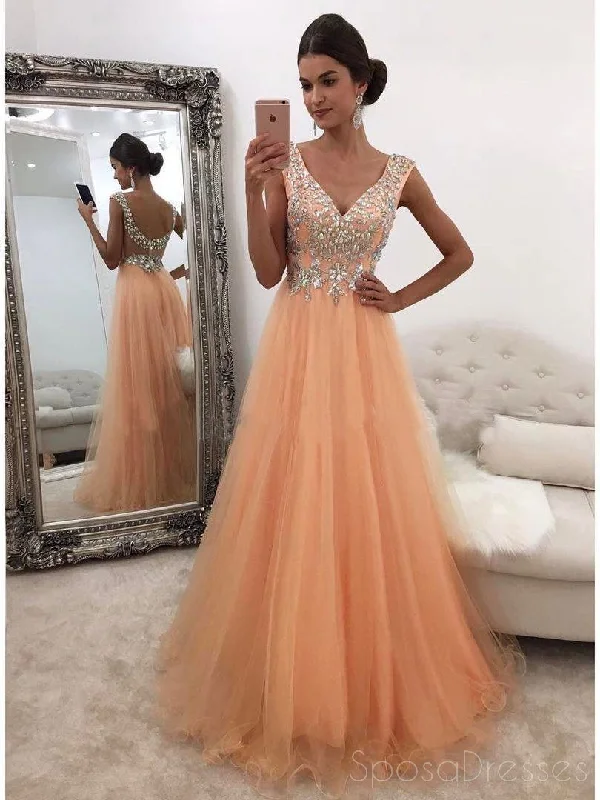 Peach V Neckline Rhinestone Low Back Tulle A line Long Custom Evening Prom Dresses, 17398 Tulle Dress Classic