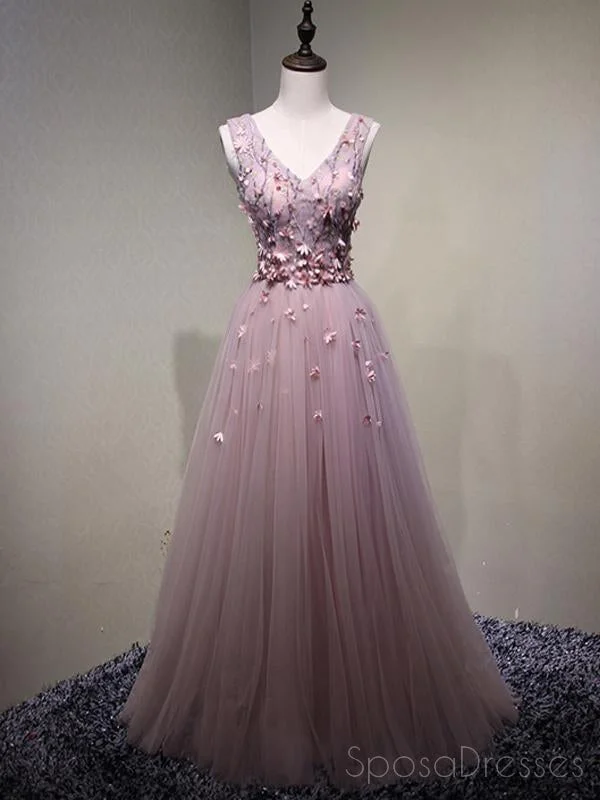 Pink See Through V Neck A-line Tulle Long Evening Prom Dresses, 17616 Tulle Bodycon Dress