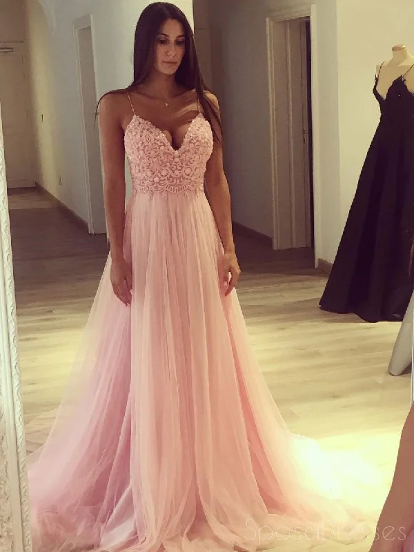 Pink V Neck Lace Beaded Halter Tulle A-line Floor Length Custom Long Evening Prom Dresses, 17382 Tulle Dress Party