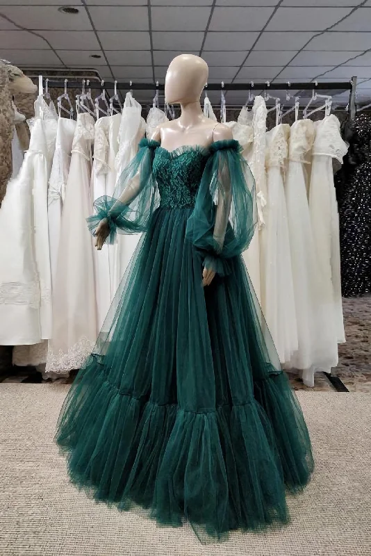 Pretty Green Lace Prom Dresses, Puff Long Sleeves Off The Shoulder Lace Appliques Tulle Ball Gown Tulle A-line Dress