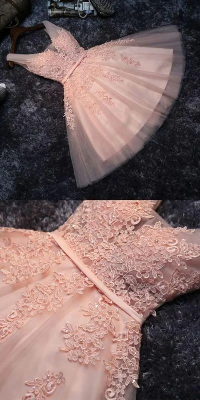 Princess Lace Appliqued Tulle Homecoming Dress, Blush Pink Short Bridesmaid Dresses, Short Homecoming Dress Glitter Tulle Dress