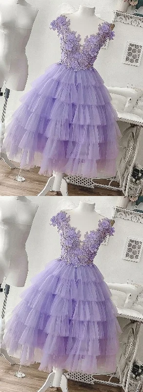 Purple Tulle Applique Short Homecoming Dress, Homecoming Dress Tulle Dress Modern