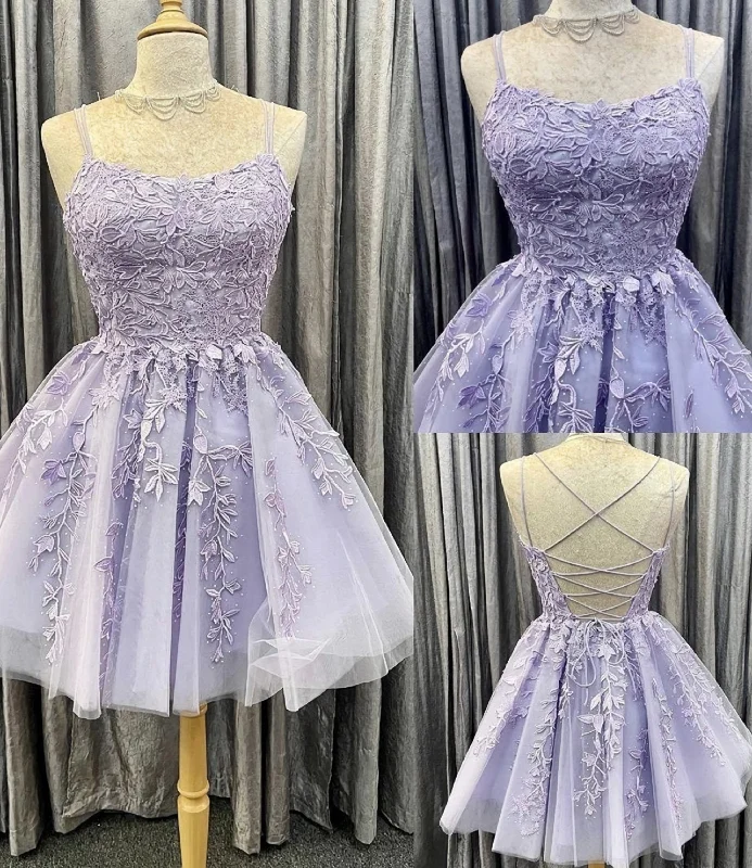 Purple Tulle Lace Short A Line Homecoming Dress, Evening Dress Tulle Dress Dazzle