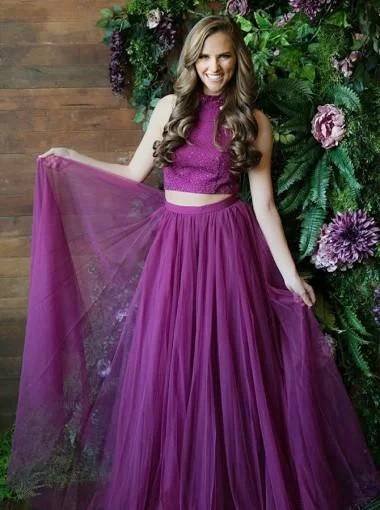 Purple Two Pieces Side Slit Halter Tulle Long Evening Prom Dresses, 17610 Tulle Dress Chic