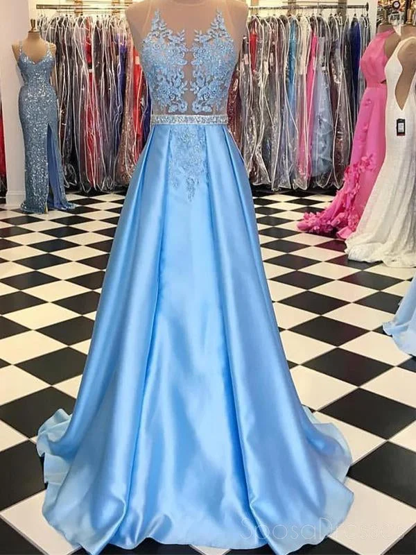 See Through Backless Halter Blue A-line Sparkly Tulle Long Evening Prom Dresses, 17563 Pink Tulle Dress