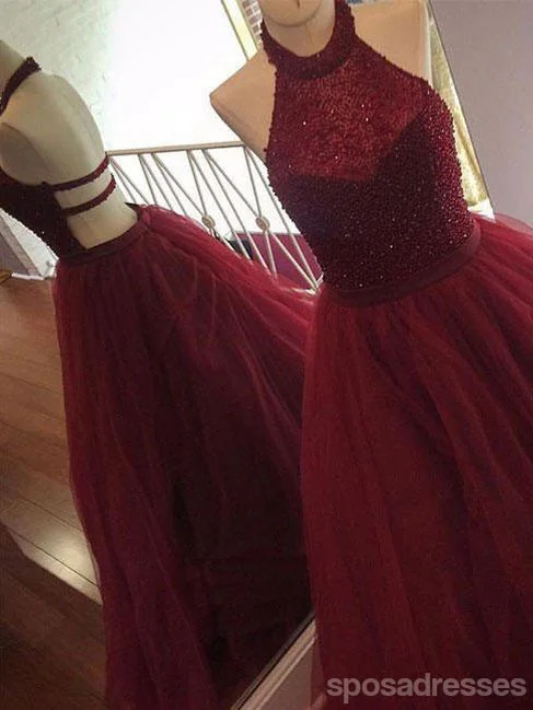 Sexy Backless Maroon Halter Bodice Beaded A line Tulle Long Custom Evening Prom Dresses, 17395 Romantic Tulle Gown