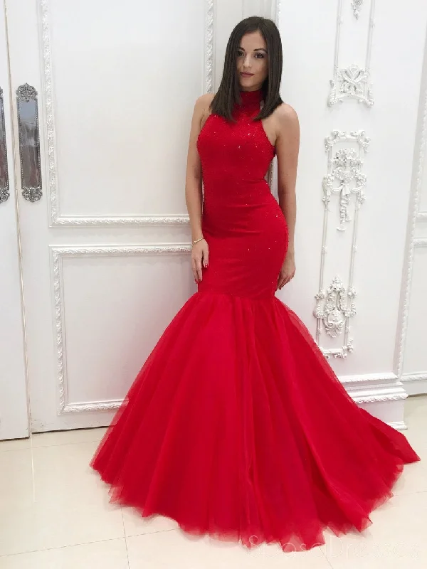 Sexy Open Back Red Heavliy Beaded Mermaid Tulle Evening Prom Dresses, 17541 Tulle Dress Sparkle