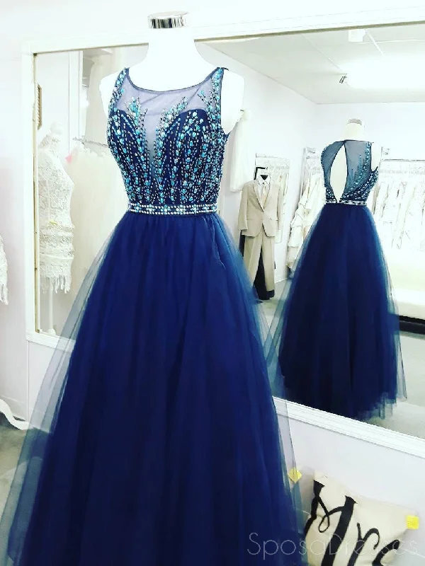 Sexy Open Back Royal Blue Delicate Beading Rhinestone A line Tulle Long Evening Prom Dresses, 17346 Tulle Dress Silhouette