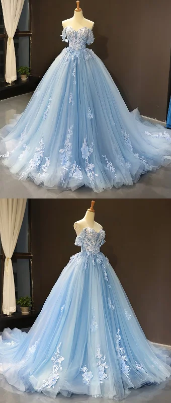 Sky Blue Tulle Off Shoulder Sweetheart Neck Long Lace Applique Senior Prom Dress, Evening Dress Casual Tulle Dress