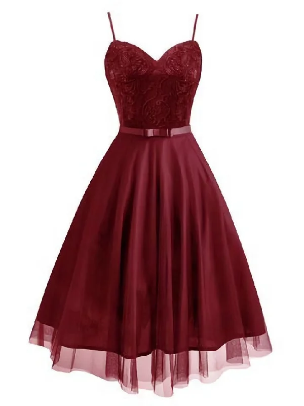 Spaghetti Lace Bow Swing Dress, Tulle Homecoming Dress Ruffled Tulle Gown