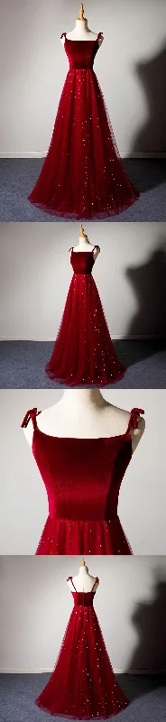 Sparkly Tulle Long Prom Dress, A Line Spaghetti Straps Burgundy Prom Evening Dress Tulle Evening Dress