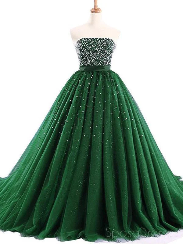 Strapless Emerald Green Tulle Beaded A-line Cheap Evening Prom Dresses, Sweet 16 Dresses, 17494 Sexy Tulle Dress