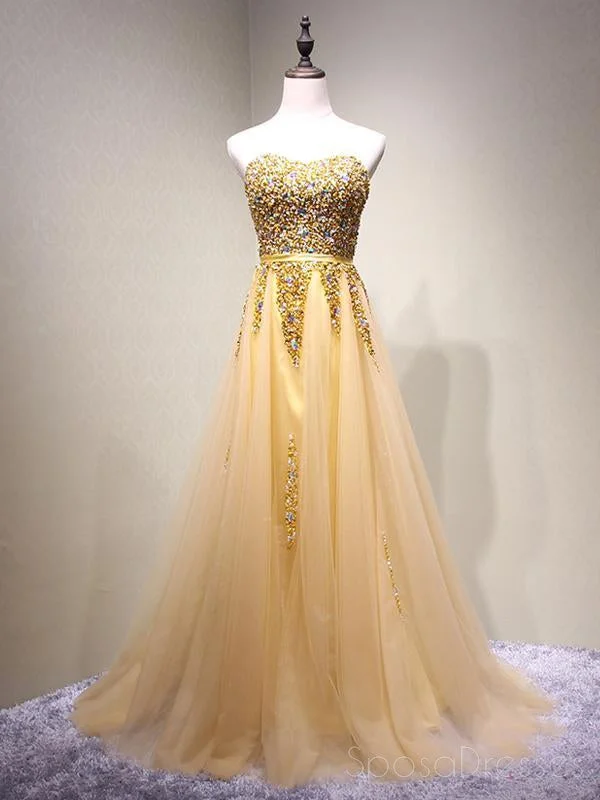 Strapless Sweetheart Gold Tulle Beaded A-line Long Evening Prom Dresses, 17617 Tulle A-line Dress