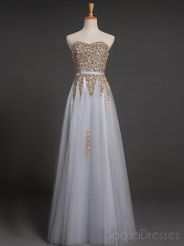 Strapless Sweetheart Grey Tulle Beaded A-line Long Evening Prom Dresses, 17618 Tulle Wedding Dress