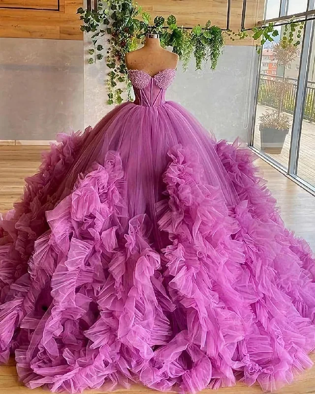 Sweetheart Purple Beading Bodice Tulle Ruffle Pleated Ball Gown Evening Dress, Prom Gown Tulle Dress Trend