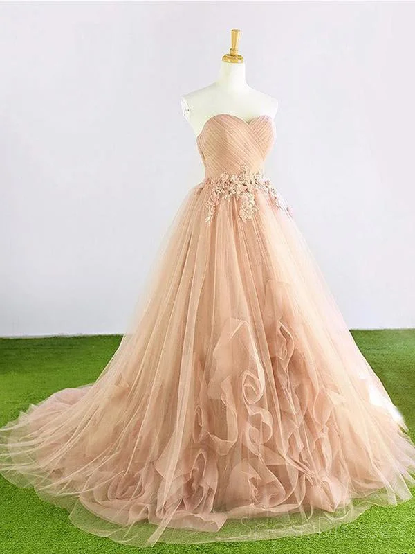 Sweetheart Tulle Hand Made Flower A-line Cheap Evening Prom Dresses, Sweet 16 Dresses, 17493 Off-shoulder Tulle Dress