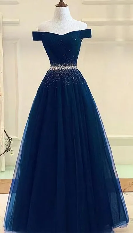 Tulle Prom Gown Off Shoulder Prom Dresses, Long Prom Dress, A Line Evening Dress Tulle Ball Gown